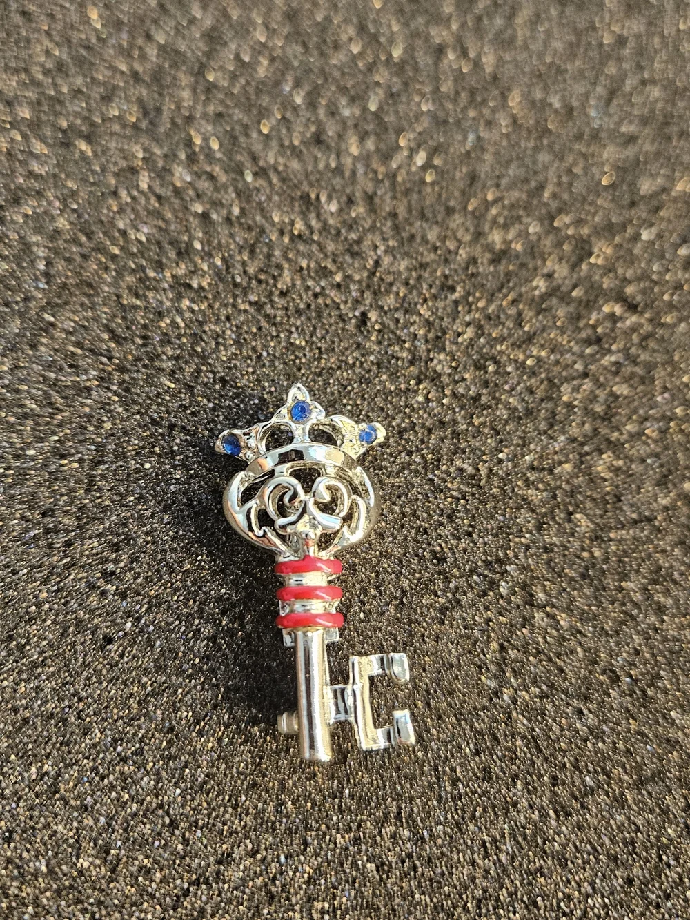 Brooch Crown Key Charm with Blue Stones and Red Accents